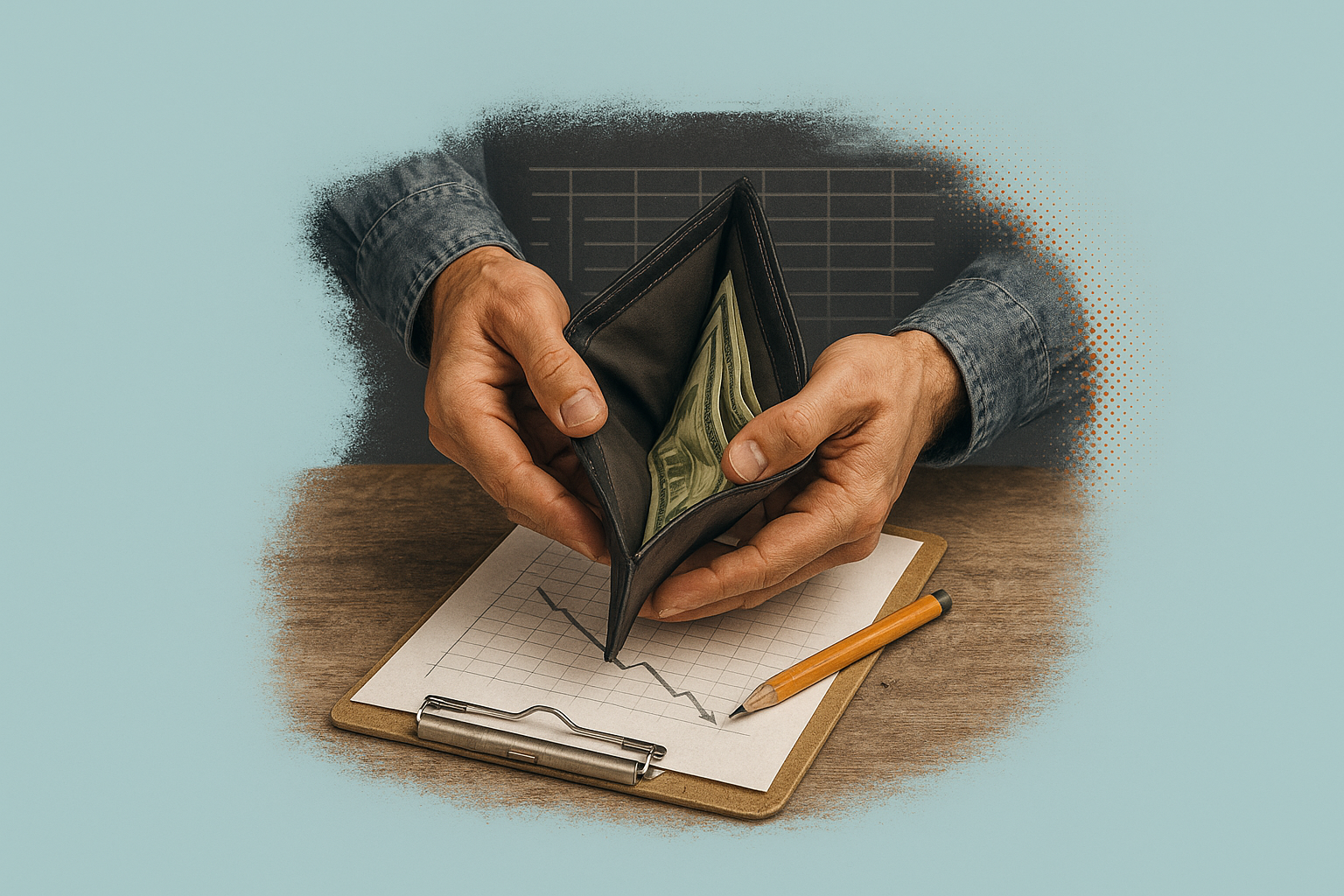 Contractor's hands opening a leather wallet with a few bills inside, resting on a clipboard with a declining chart line and a pencil on a wooden surface.